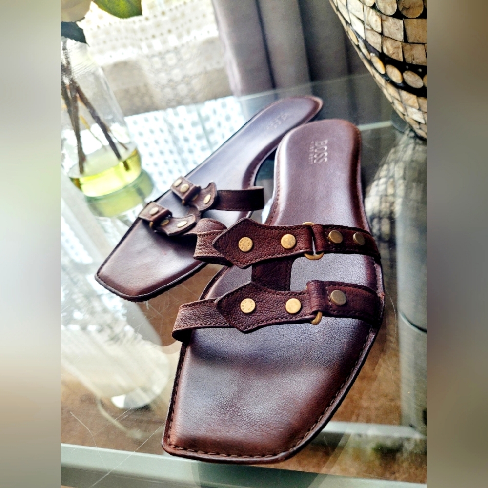 Hugo Boss Women's Leather Slide Sandals Stud Straps Brown EU 40/US 10